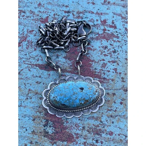 Navajo Sterling Silver & Royston Turquoise Stone Southwest Necklace Signed